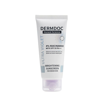 Dermdoc 4% Niacinamide SPF 50 PA+++ brightening sunscreen with smooth lotion texture and protective packaging.