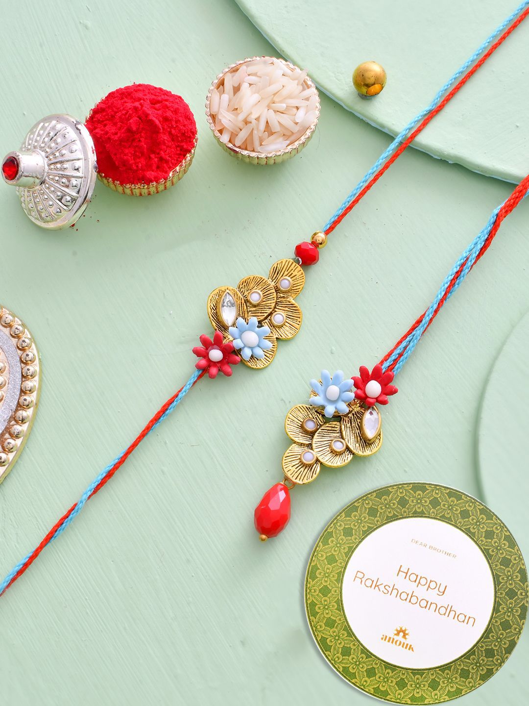 Anouk Green Stone-Studded & Beaded Bhaiya Bhabhi Thread Rakhi