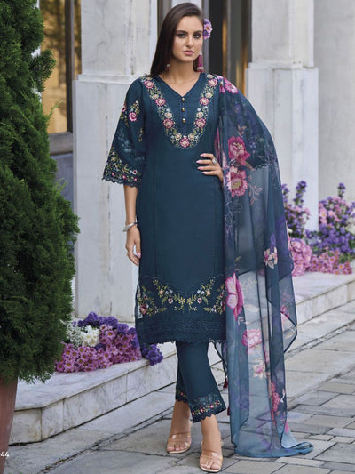 Indyancart VA Women'sFloral Embroidered Thread Work Pure Cotton Straight Kurta With Trouser And Dupatta
