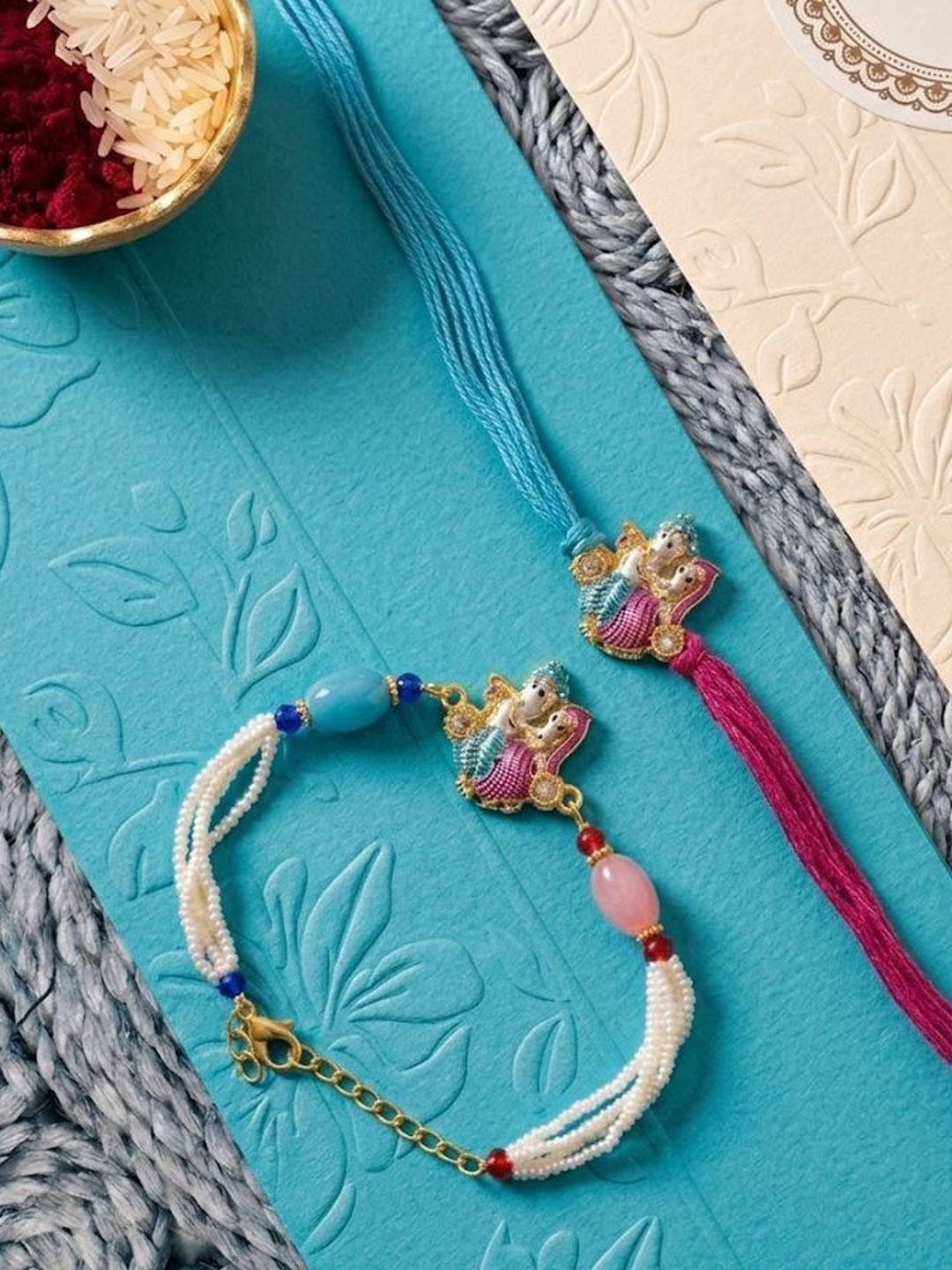 Anouk Set Of 2 Artificial Beads Radha Krishna Bhaiya Bhabhi Rakhi With Roli Chawal Chandan