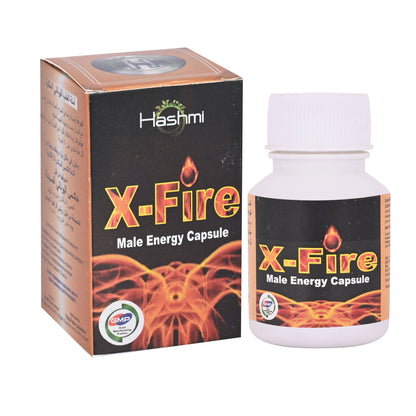 Hashmi X-Fire Unani capsules for men's strength, stamina, energy, and power, shown in a blister pack with capsules.