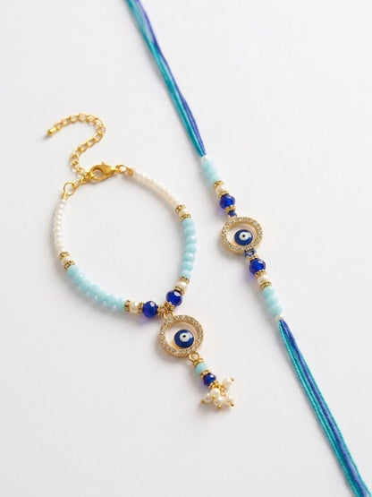 Anouk Set Of 2 Blue Evil Eye Gold Toned Beaded Bhaiya Bhabhi Rakhi