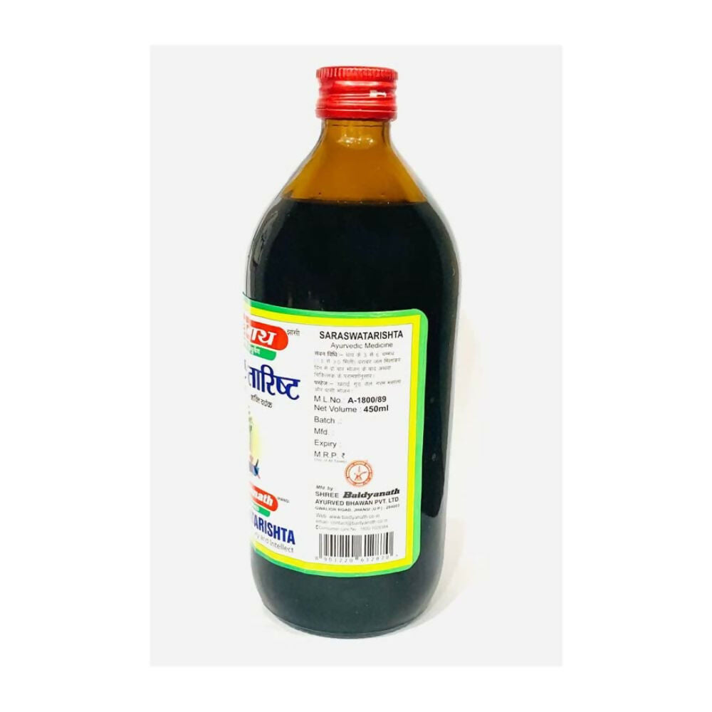 Baidyanath Jhansi Saraswatarishta Ayurvedic syrup bottle with label and traditional packaging, designed for herbal health benefits.