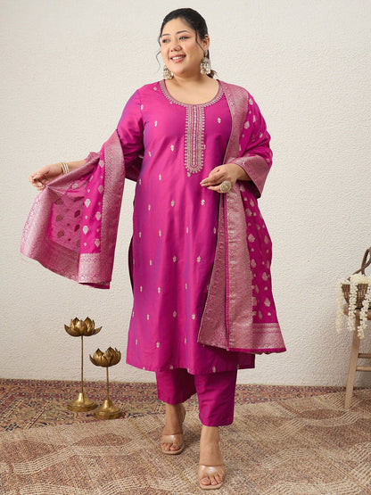 Indyancart Women's Ethnic Motifs Embroidered Regular Kurta with Trousers & With Dupatta