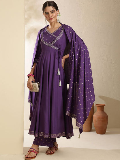 Indyancart SN Women's Embroidered V-Neck Anarkali Kurta With Trouser & Dupatta