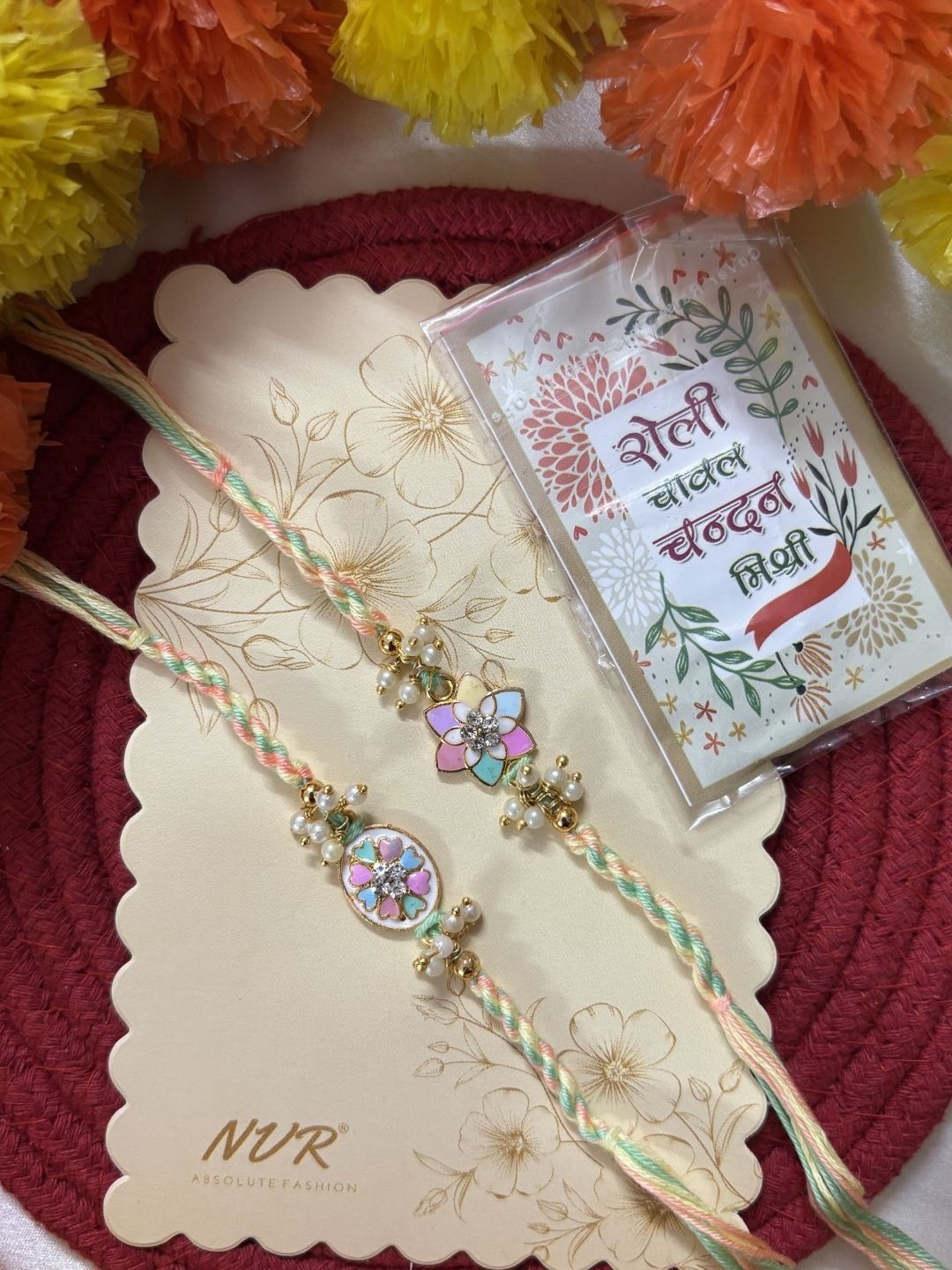 Anouk Set Of 2 Meenakari Floral Thread Rakhi With Roli Chawal Chandan Mishri