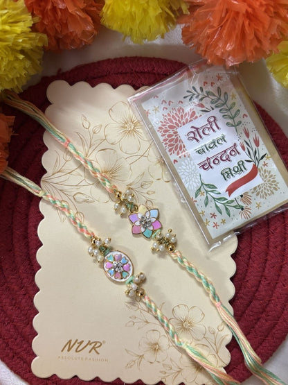 Anouk Set Of 2 Meenakari Floral Thread Rakhi With Roli Chawal Chandan Mishri