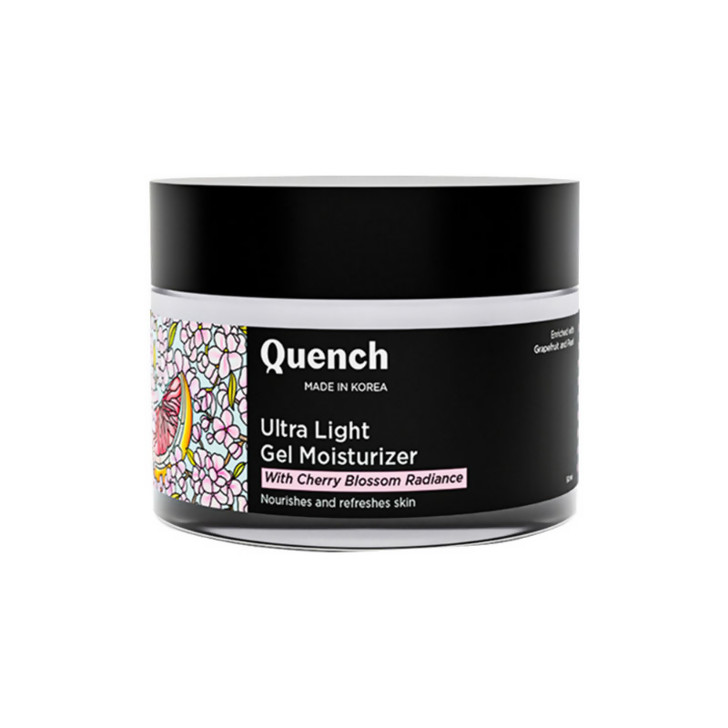 Quench Ultra Light Gel Moisturizer with cherry blossom and niacinamide, featuring a smooth, refreshing texture for brightening skin.