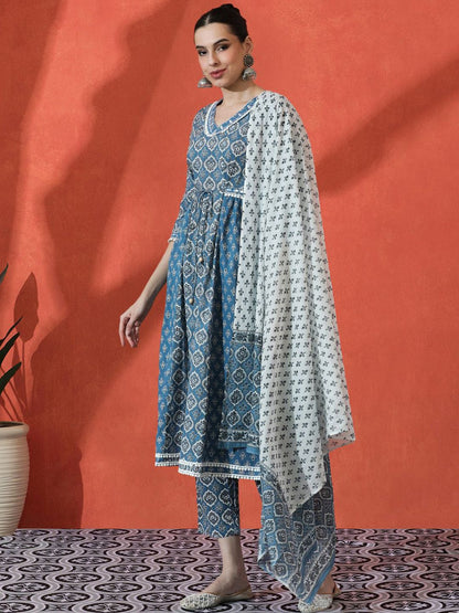 Indyancart SN Women's Floral Embroidered A-Line Pure Cotton Kurta With Trousers & Dupatta