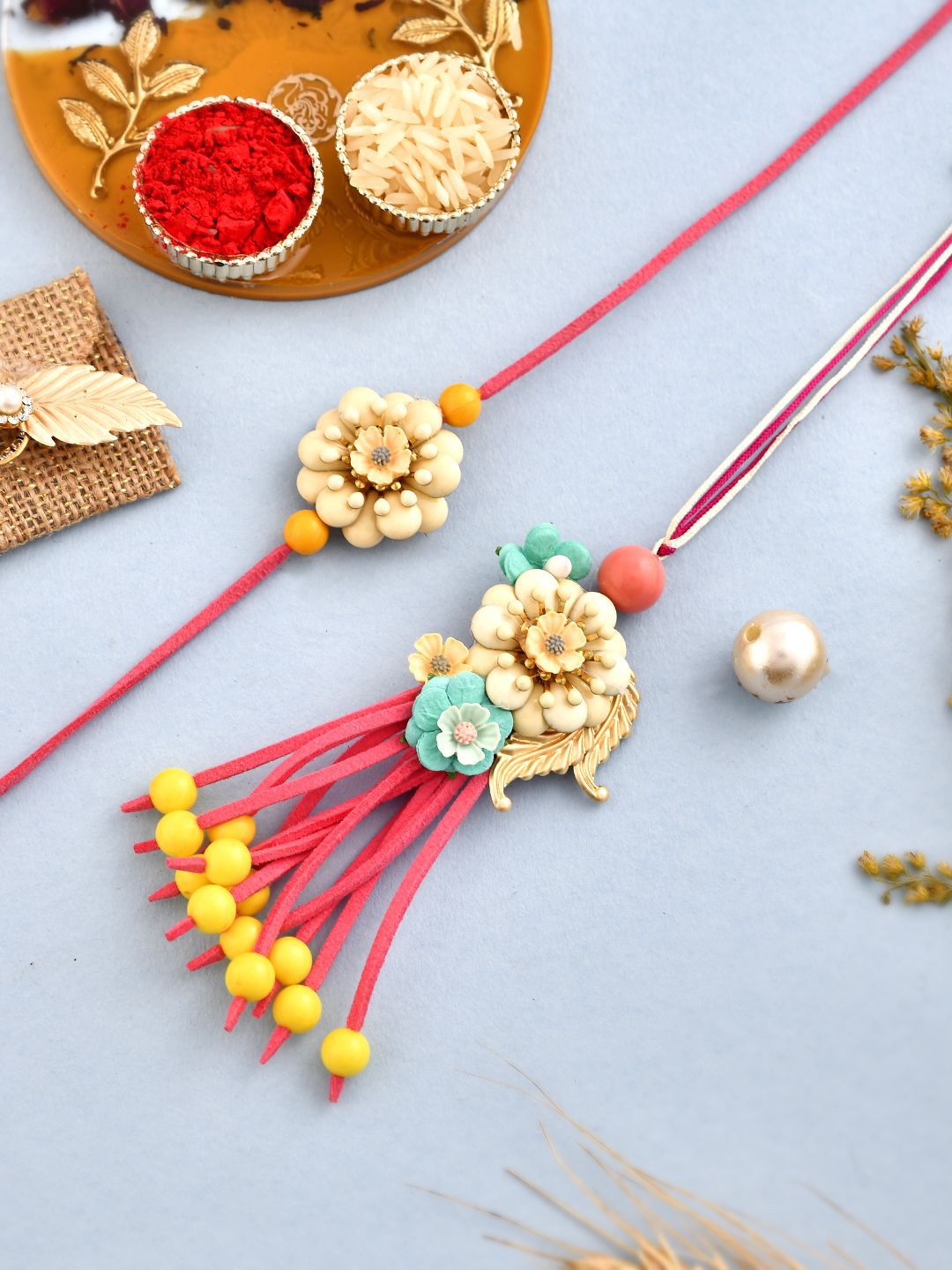 Anouk Pink Set Of 2 Bhaiya Bhabhi Lumba & Thread Rakhis With Roli Chawal