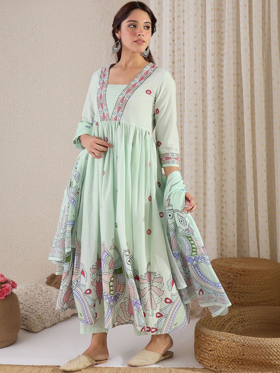 Women Ethnic Motifs Embroidered Panelled Thread Work Pure Cotton Kurta with Trousers & With Dupatta