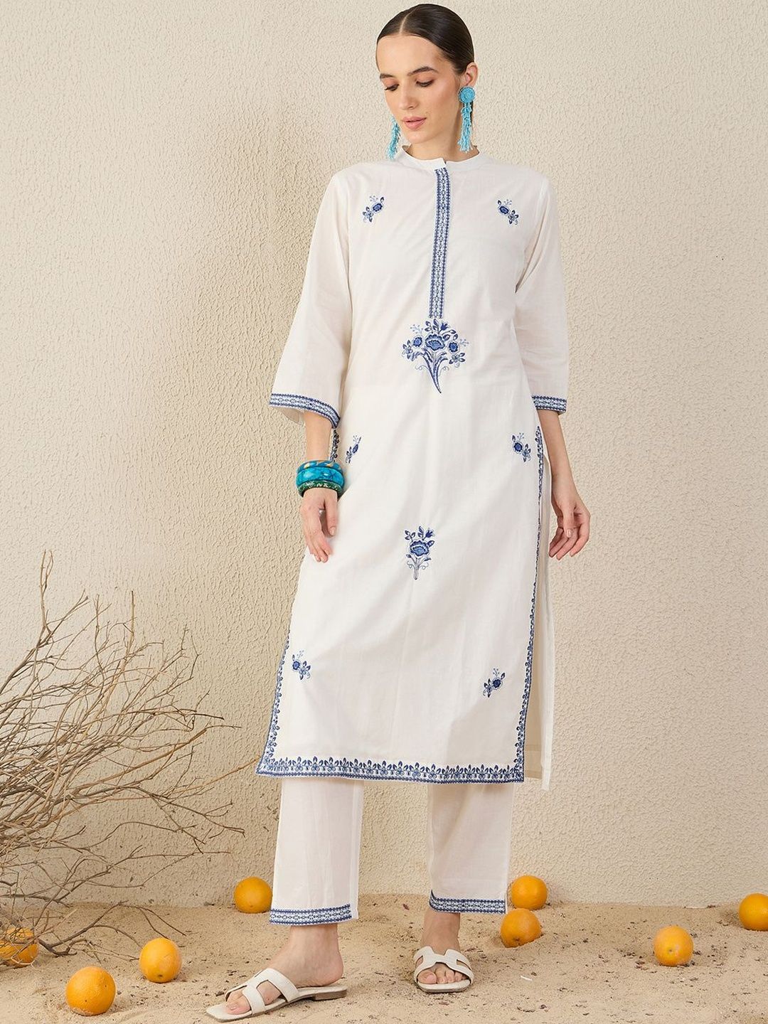 Floral Embroidered Thread Work Pure Cotton Straight Kurta & Trouser With Dupatta