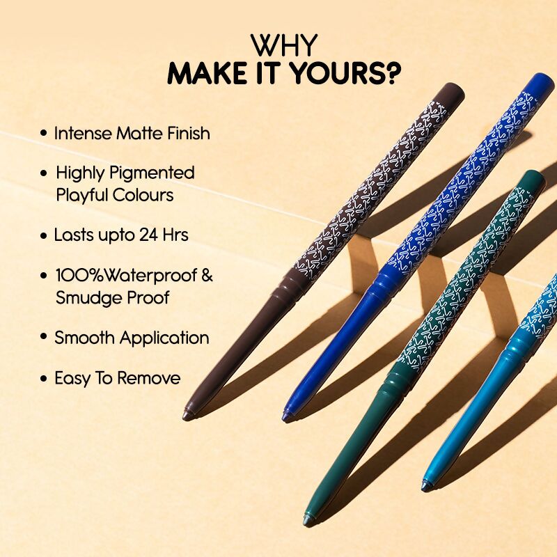 Green Kay Beauty Kajal by Katrina Kaif with 24-hour matte finish, shown in a sleek pencil form on a white background.