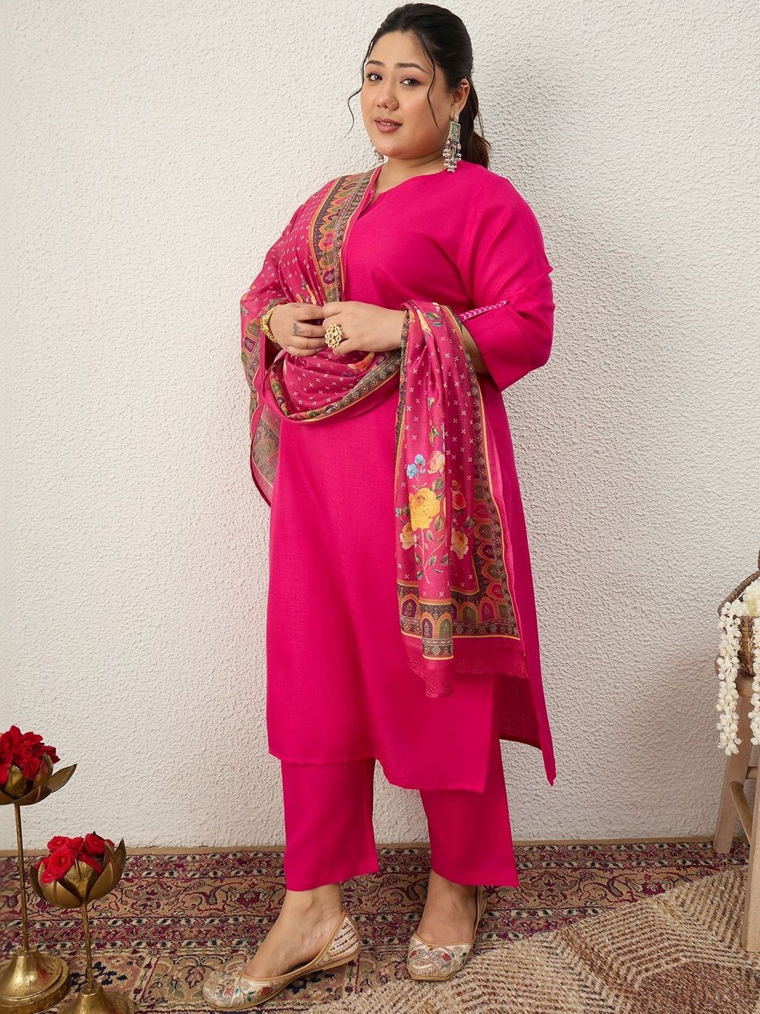 Indyancart Women's Ethnic Motifs Regular Thread Work Kurta with Trousers & With Dupatta