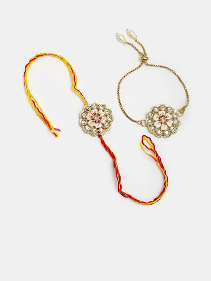 Anouk Unisex Set Of 2 Gold Kundan-Studded Bhaiya Bhabhi Rakhi Set With Roli Chawal