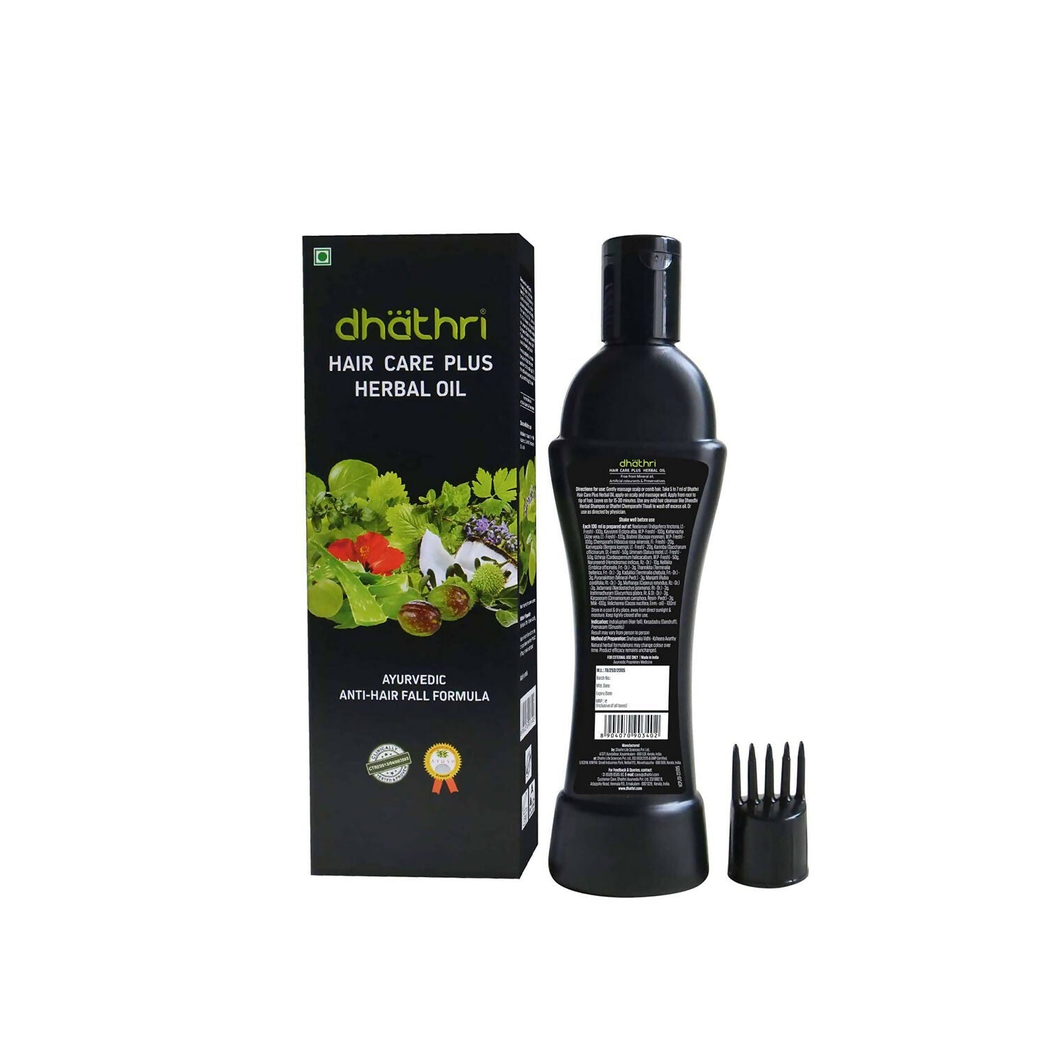 Dhathri Ayurveda herbal hair oil for hair growth and reducing hair fall, shown in a bottle with herbal ingredients.