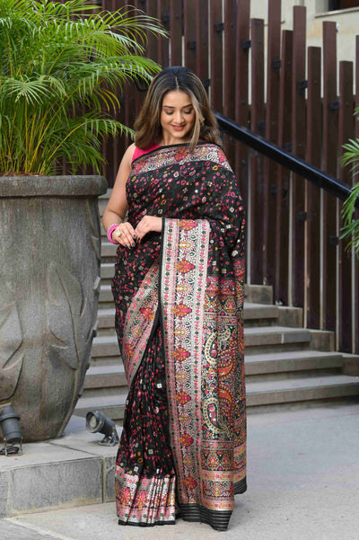 Indyancart GR Women's Raaga Black Jamewar Kashmiri Soft Modal Silk Saree