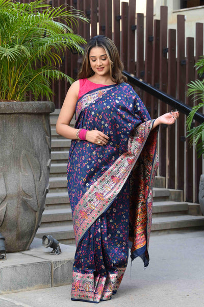 Indyancart GR Women's Raaga Navy Blue Jamewar Kashmiri Soft Modal Silk Saree