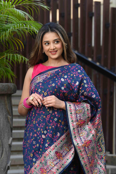 Indyancart GR Women's Raaga Navy Blue Jamewar Kashmiri Soft Modal Silk Saree