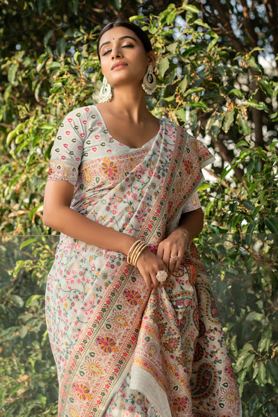 Indyancart GR Women's Raaga Off-White Jamewar Kashmiri Soft Modal Silk Saree