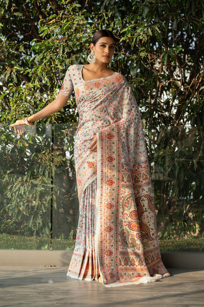 Indyancart GR Women's Raaga Off-White Jamewar Kashmiri Soft Modal Silk Saree