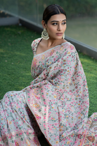 Indyancart GR Women's Raaga Cloud White Jamewar Kashmiri Soft Modal Silk Saree