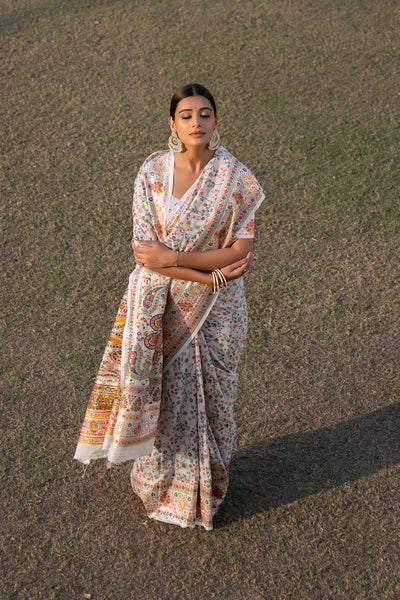 Indyancart GR Women's Raaga Cloud White Jamewar Kashmiri Soft Modal Silk Saree