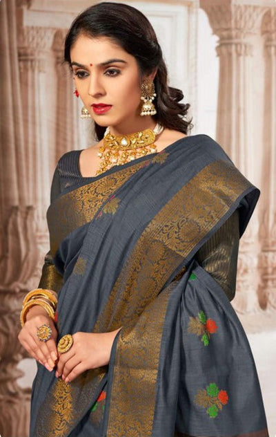 Indyancart GR Women's Radhika Charcoal Grey Zari Woven Design Chanderi Cotton Saree