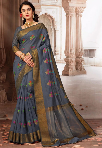Indyancart GR Women's Radhika Charcoal Grey Zari Woven Design Chanderi Cotton Saree