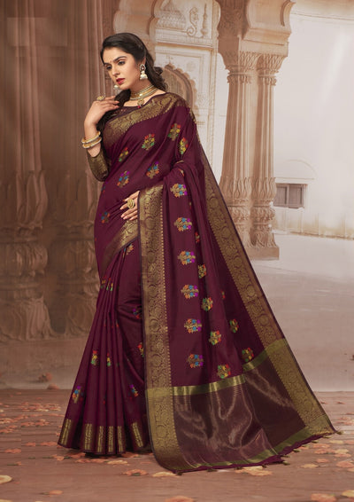 Indyancart GR Women's Radhika Dark Chocolate Maroon Zari Woven Design Chanderi Cotton Saree