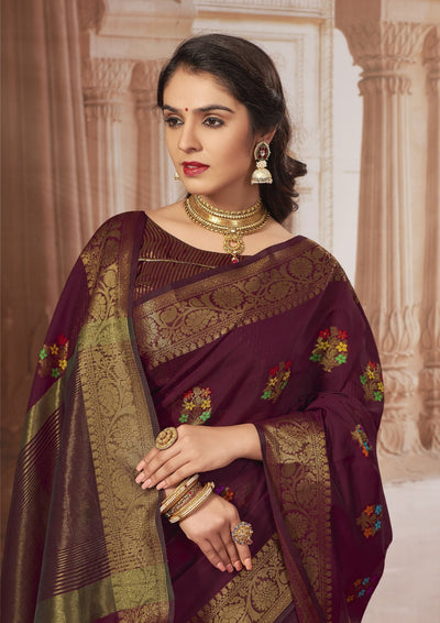 Indyancart GR Women's Radhika Dark Chocolate Maroon Zari Woven Design Chanderi Cotton Saree