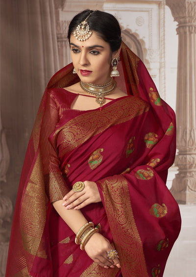 Indyancart GR Women's Radhika Tomato Red Zari Woven Design Chanderi Cotton Saree