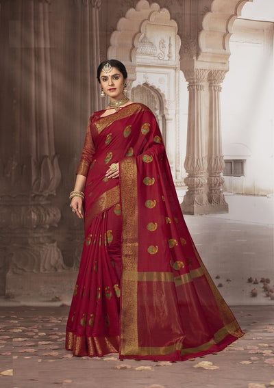 Indyancart GR Women's Radhika Tomato Red Zari Woven Design Chanderi Cotton Saree
