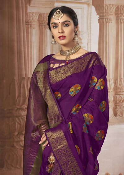 Indyancart GR Women's Radhika Palatinate Purple Zari Woven Design Chanderi Cotton Saree