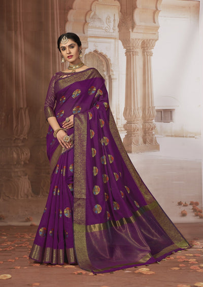 Indyancart GR Women's Radhika Palatinate Purple Zari Woven Design Chanderi Cotton Saree