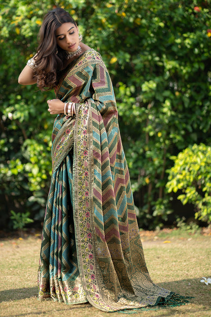 Dhiyona GR Women's Rangkat Pickle Green Leheriya Design Banarasi Organza Saree