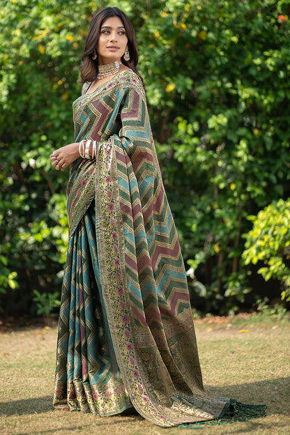 Dhiyona GR Women's Rangkat Pickle Green Leheriya Design Banarasi Organza Saree