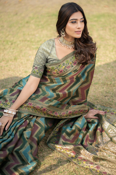 Indyancart GR Women's Rangkat Pickle Green Leheriya Design Banarasi Organza Saree