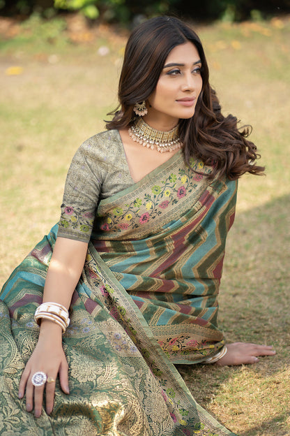 Dhiyona GR Women's Rangkat Pickle Green Leheriya Design Banarasi Organza Saree