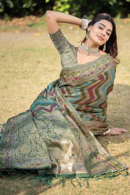 Dhiyona GR Women's Rangkat Pickle Green Leheriya Design Banarasi Organza Saree