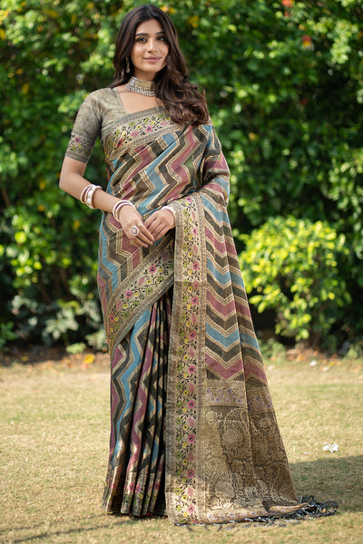 Indyancart GR Women's Rangkat Gunsmoke Grey Leheriya Design Banarasi Organza Saree