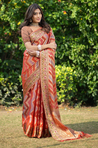 Indyancart GR Women's Rangkat Safron Orange Leheriya Design Banarasi Organza Saree