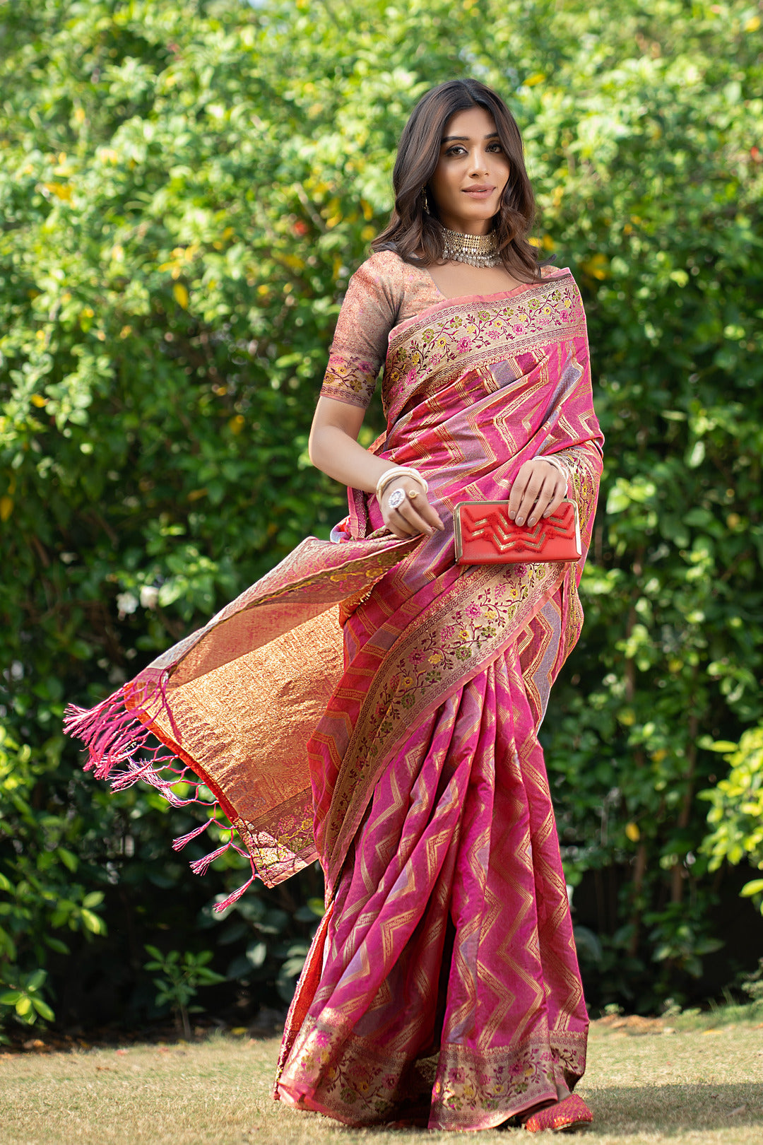 Dhiyona GR Women's Rangkat Fuscia Pink Leheriya Design Banarasi Organza Saree