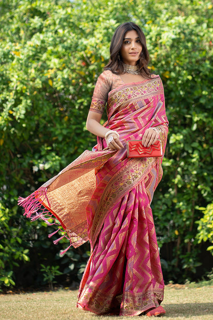 Dhiyona GR Women's Rangkat Fuscia Pink Leheriya Design Banarasi Organza Saree