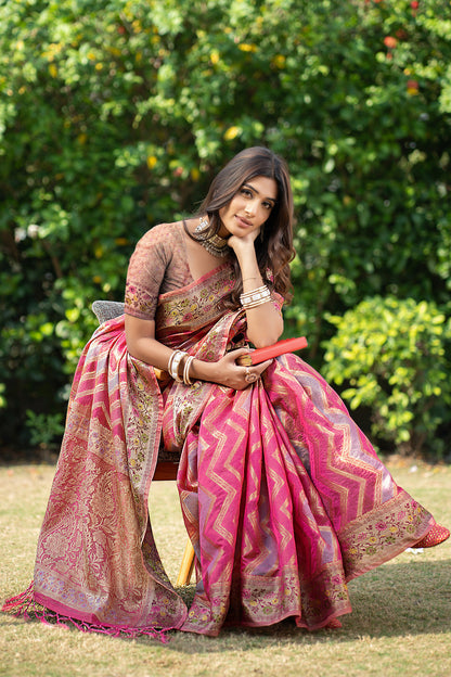 Dhiyona GR Women's Rangkat Fuscia Pink Leheriya Design Banarasi Organza Saree
