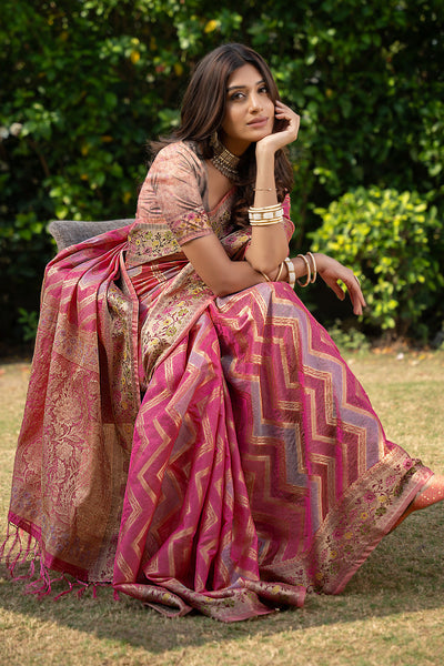 Indyancart GR Women's Rangkat Fuscia Pink Leheriya Design Banarasi Organza Saree
