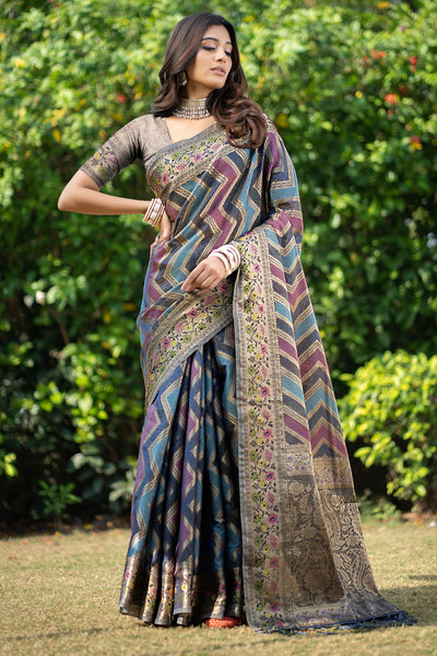 Indyancart GR Women's Rangkat Lapis Lazuli Teal Leheriya Design Banarasi Organza Saree