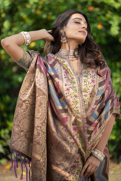 Indyancart GR Women's Rangkat Purpureus Wine Leheriya Design Banarasi Organza Saree
