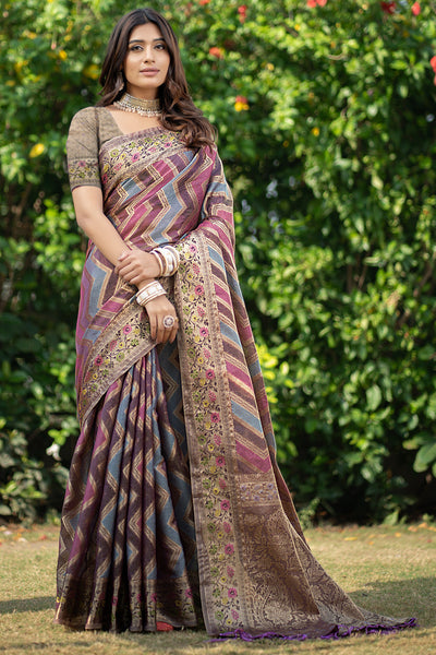 Indyancart GR Women's Rangkat Purpureus Wine Leheriya Design Banarasi Organza Saree