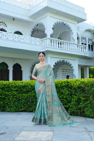 Indyancart GR Women's Rangkat Baby Blue Leheriya Design Banarasi Organza Saree